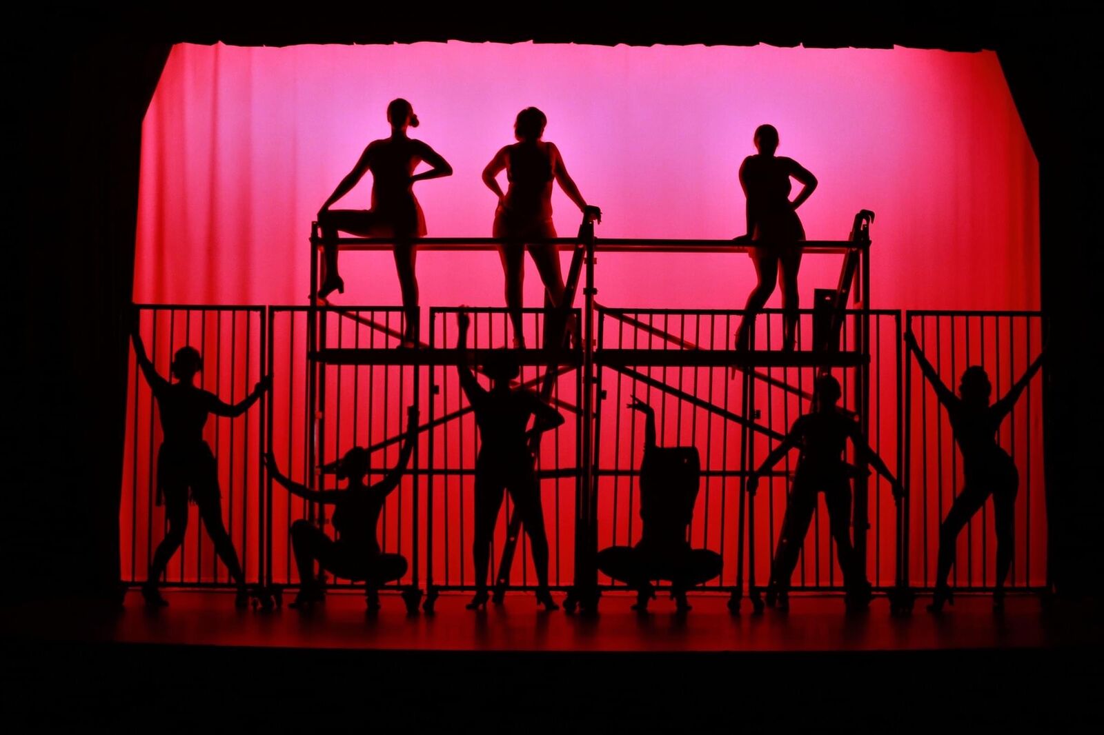 Performers silhouetted against a red stage backdrop